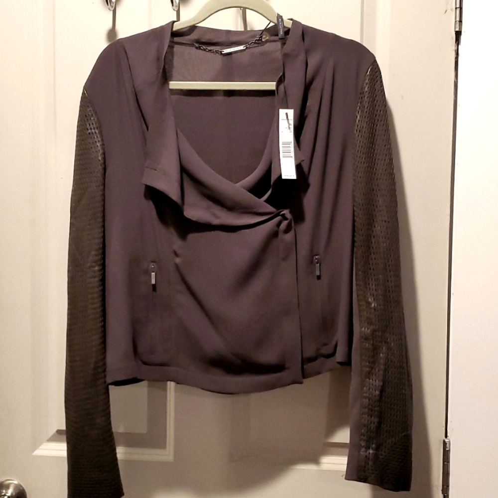 Elie Tahari taupe perforated lambskin sleeve jacket